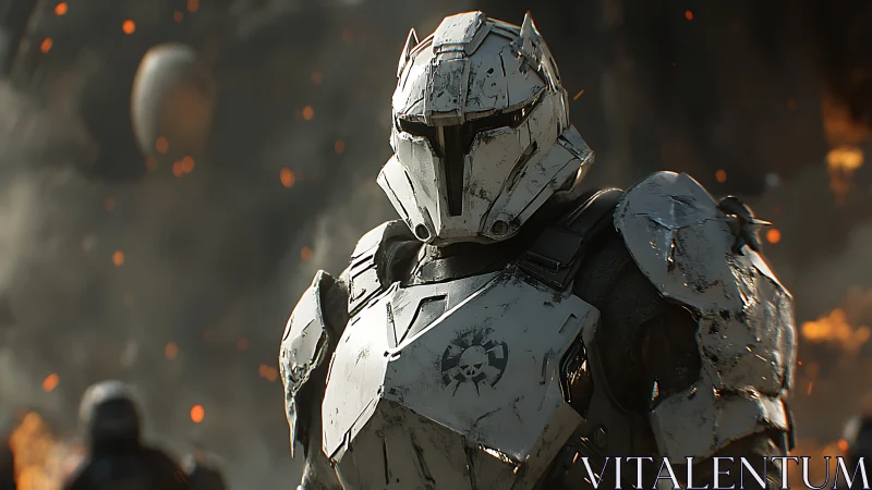 Armored sci fi trooper in battle-scarred 3D cinematic frame.