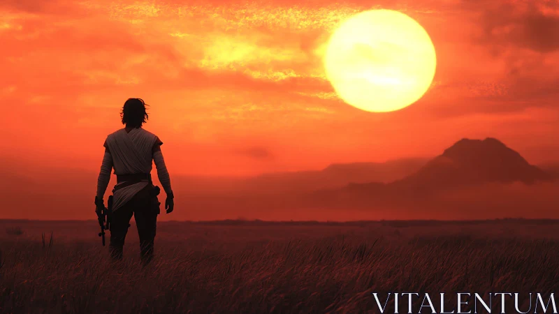 Lone dusk wanderer greeting a colossal ember sun horizon.