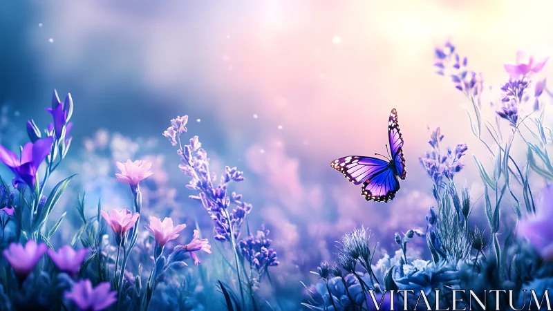 Chromatic lepidopteran hovering above bokeh-lit meadowscape.