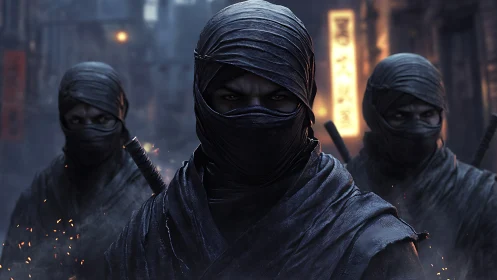 Masked ninjas move through smoky night street with swords.