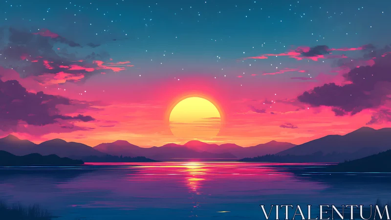 Vivid neon sunset sinks over tranquil mountain lake horizon.