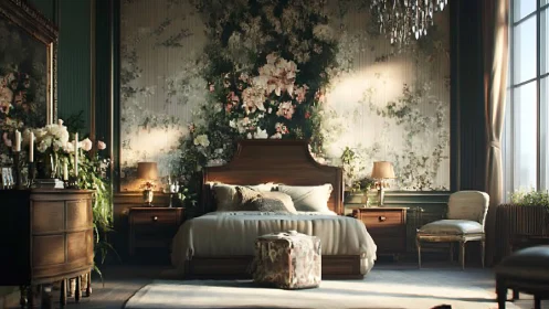 Luxurious floral bedroom showcases classic wood furniture