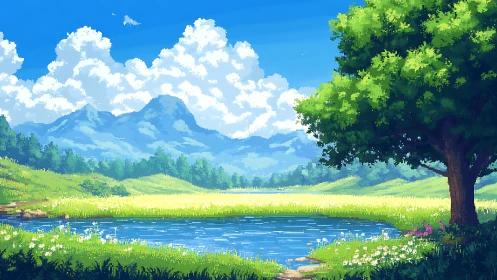 Sunny pixel meadow by a quiet lake under gentle clouds.