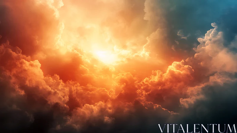 Sunlit storm clouds ignite dramatic glowing sky.