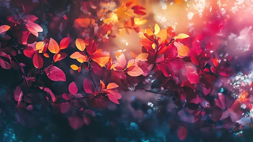 Autumn branches glow softly in dreamy sunset colors