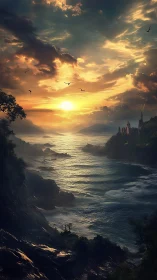 Sunset tides braid light between cliffs and distant spires