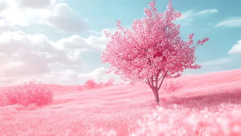 Solitary pink blossom tree glows under a dreamy pastel sky