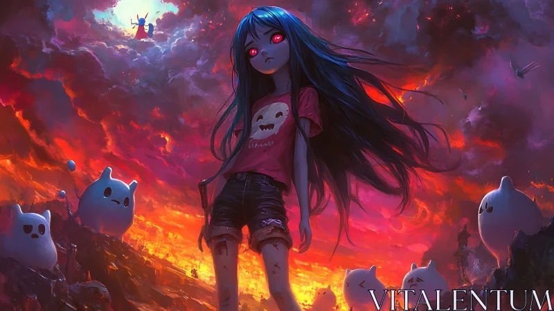 Apocalyptic anime girl with glowing eyes in fiery stormscape