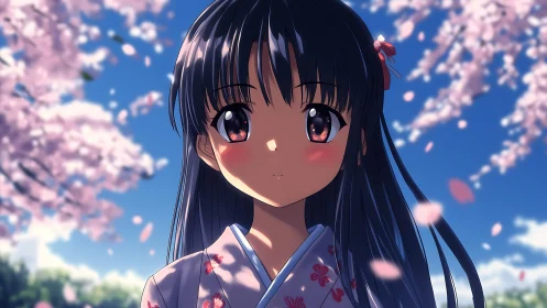 Anime portrait under sakura canopy with shallow depth of field.