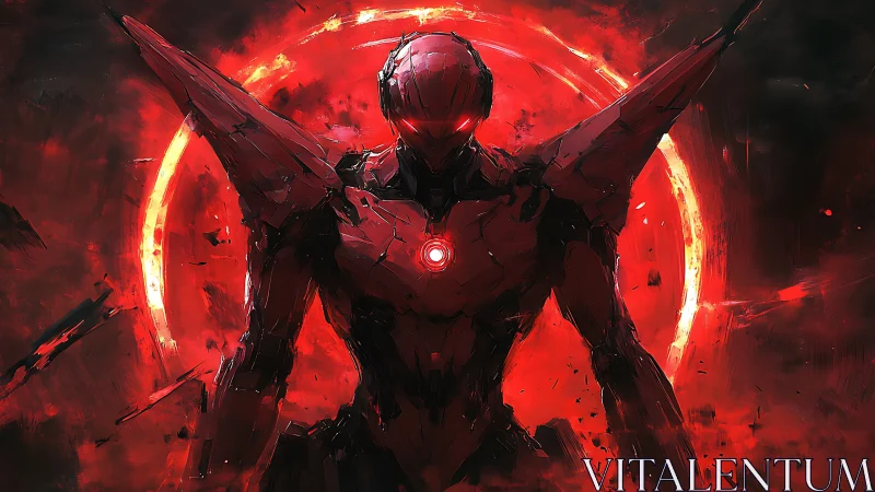 Red armored humanoid mech against luminous circular halo.