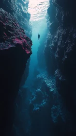 Solitary diver suspended in deep underwater canyon void
