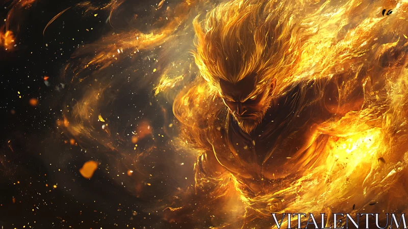 Fiery warrior surging forward in a storm of golden flames.