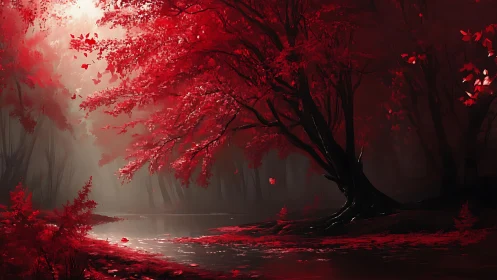 Scarlet forest glows softly beside a misty reflective river