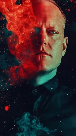 Portrait merges stern man with cosmic red nebula