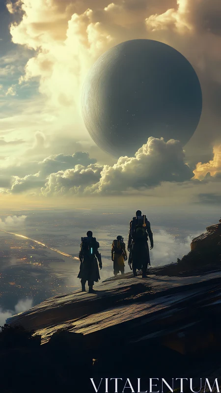 Four figures observe large spherical structure above cloud layer