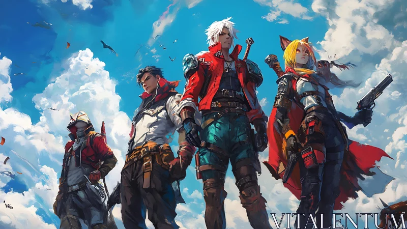 Aerial combat squad in stylized anime hero formation.