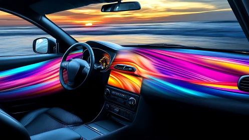 Car interior shows digital light streak dashboard at shoreline