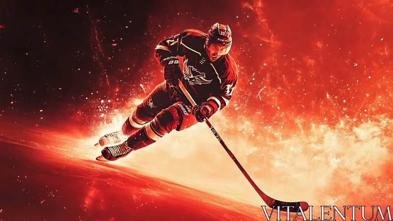 Ice hockey forward in intense red digital action scene.