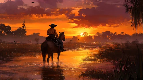 Cowboy on horseback crossing shallow wetland at sunset.