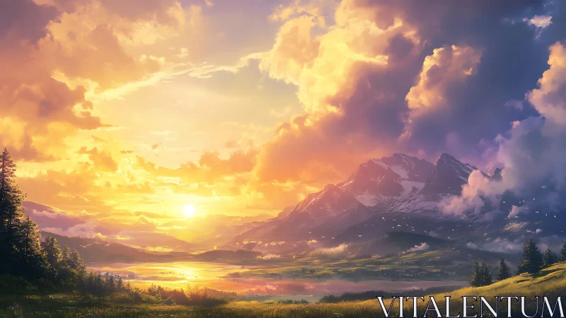 Vivid mountain valley sunset under dramatic golden clouds.