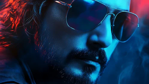 Neon rim-lit male portrait uses cyan-red cinematic contrast