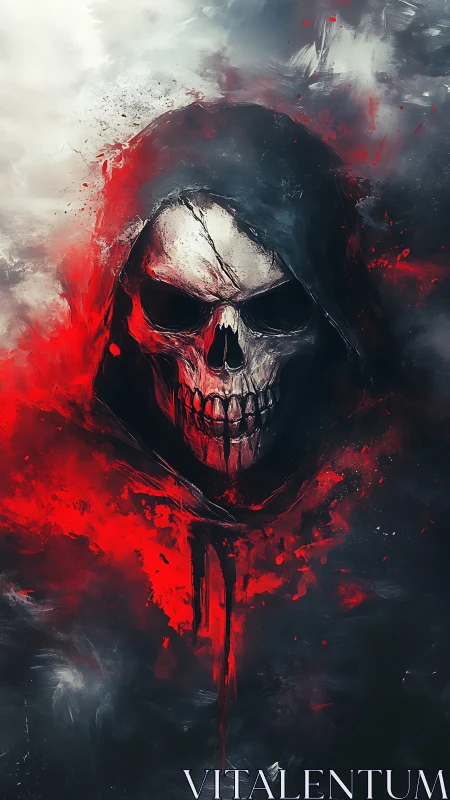 Crimson hooded skull rising through swirling stormlight.