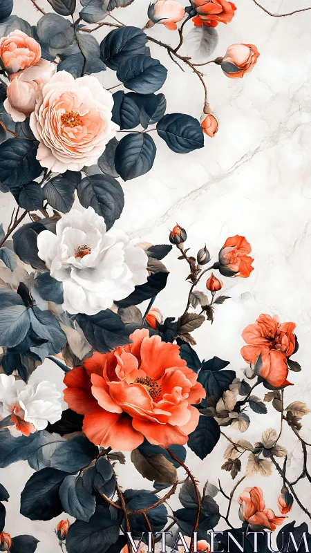 Coral and white roses with dark foliage on marble ground.