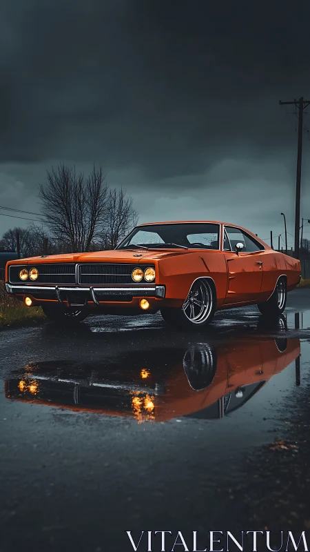 Stormy road reflections with a bold orange muscle car.