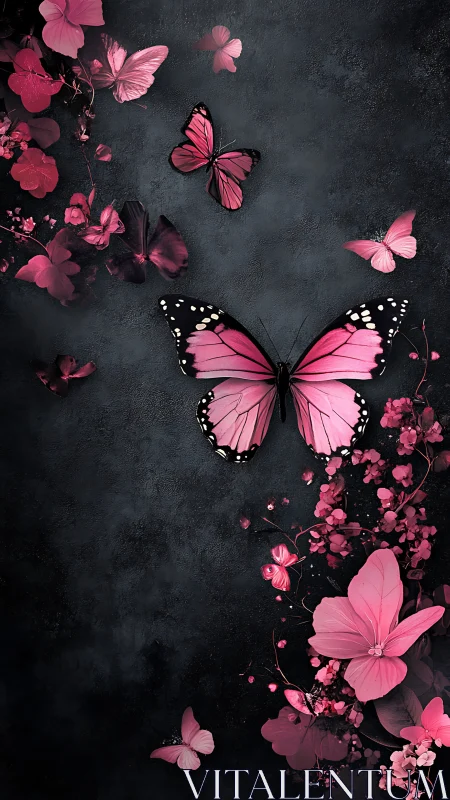 Pink butterflies drift over dark floral textured backdrop.