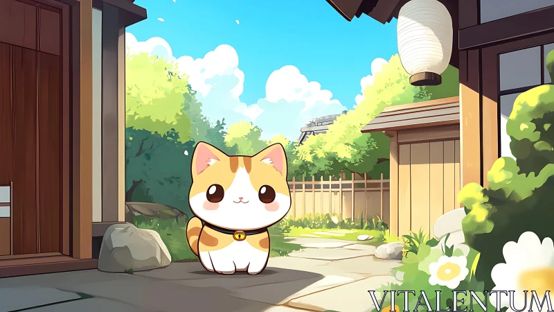 Cute calico cat awaits in sunny Japanese courtyard scene.