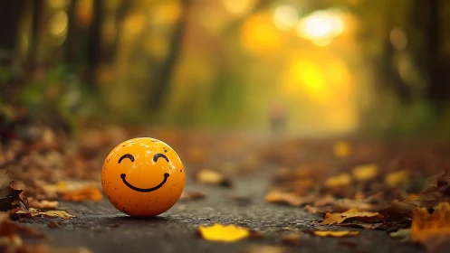 Smiling autumn ball beaming joy along a leaf-lit path.