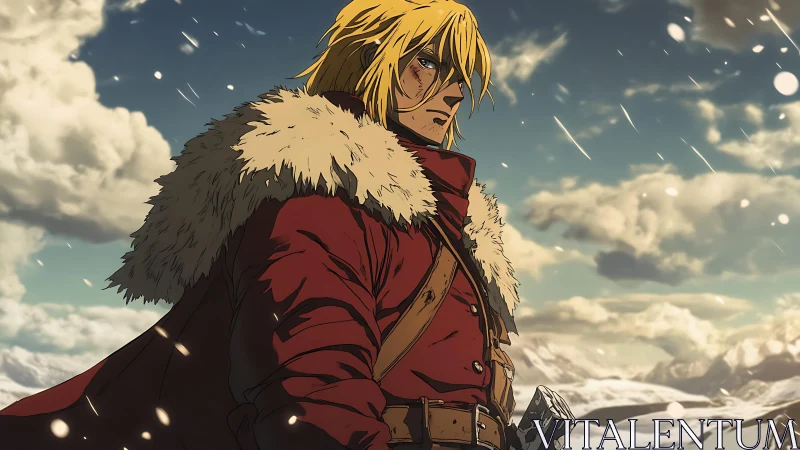 Wind-scoured tundra warrior in fur-lined red parka profile.