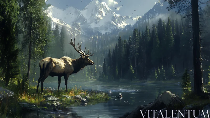 Male elk stands beside reflective lake under snowy mountains