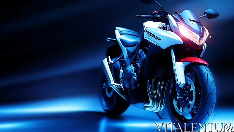 Midnight sport bike ignites electric blue studio shadows.