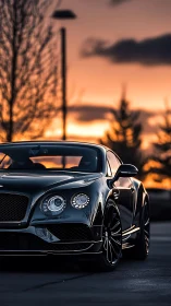 Sunset street portrait of sleek black luxury coupe.