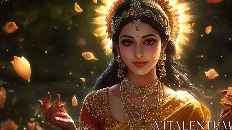 Divine Indian goddess portrait with golden light and petals.