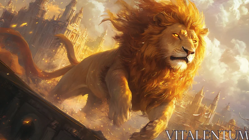 Colossal golden lion charging above sunlit celestial citadel