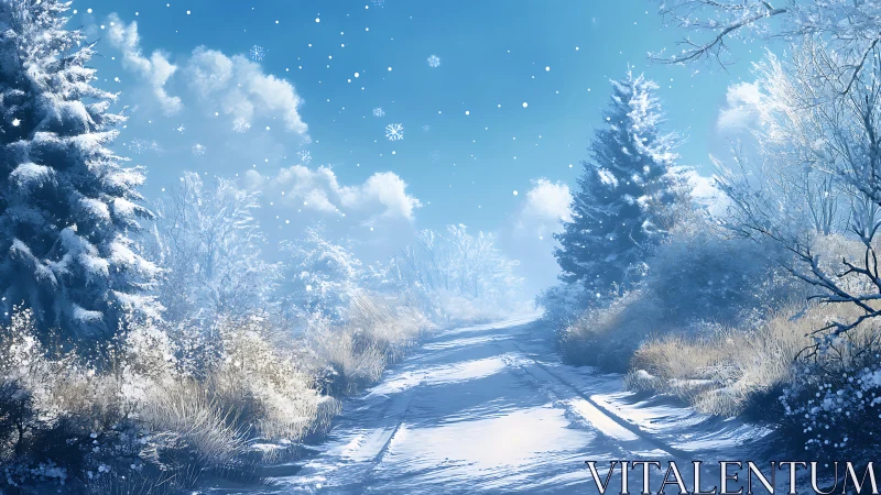 Quiet snowy forest road glows under a bright winter sky