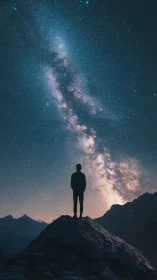 Silhouette on mountain summit under dense Milky Way sky.