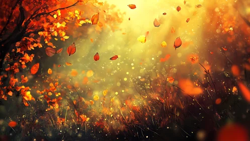 Luminous autumn leaves swirling through radiant forest light.