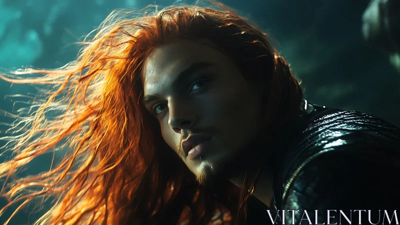 Gaze of the red‑haired underwater wanderer in light.