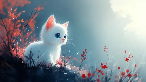 White Kitten Among Red Flowers at Sunset.