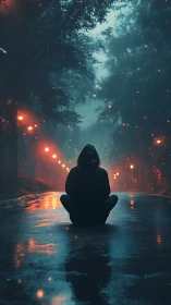 Hooded figure in rainy neon street, moody night solitude.