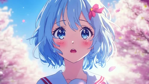 Anime portrait under cherry blossoms with luminous bokeh focus.