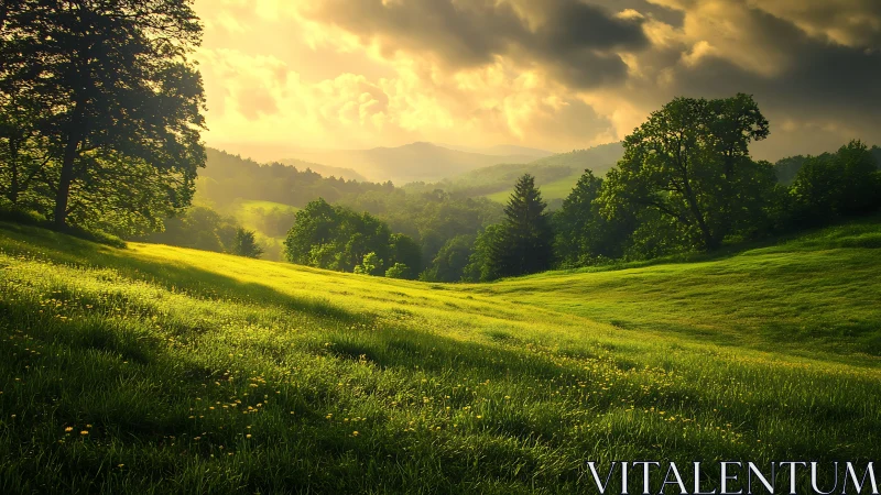 Sunlit hillside meadow under dramatic golden sky.