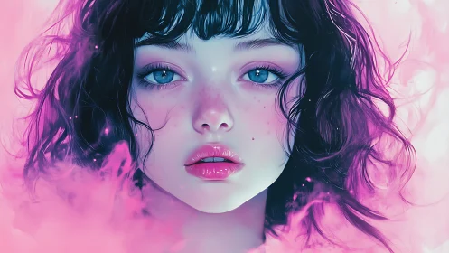 Cotton candy daydream girl in neon-pink misted glow.