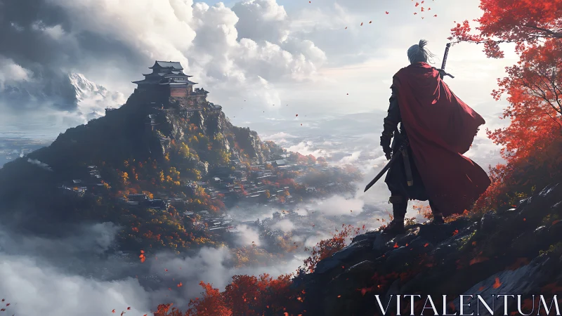 Samurai sentinel overlooking mist-laden mountain citadel