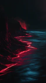 Lava coastline glows red against dark cliffs and ocean
