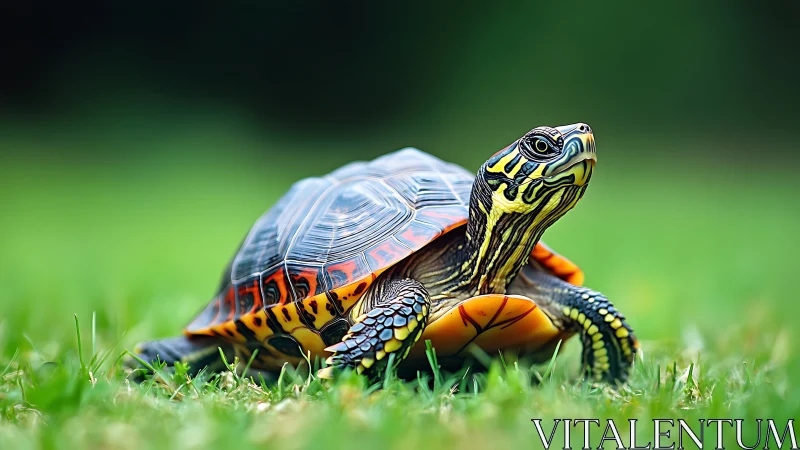 Colorful turtle rests on vivid grass in tranquil daylight
