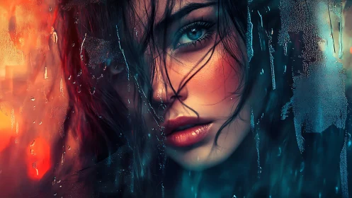 Rain streaks whisper across a neon drenched, soulful gaze
